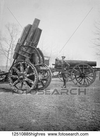 Stock Photograph - Magic lantern slide WW1, 1914-1918, World war one images. A 21cm Morser 16, a form of heavy howitzer type artillery used by the Germans during the Great War. They actually classified it as a mortar but it had a rifled barrel and was breech loaded..... Fotosearch