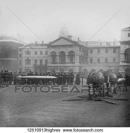 Stock Photograph - Magic lantern slide WW1, 1914-1918, World war one images. Display of captured German weapons and artillary at Horse Guards Parade, London 3rd November 1915. Torpedo and German sea mines. Display of captured German weapons and artillary at Horse.... Fotosearch
