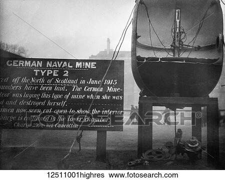 Stock Photograph - Magic lantern slide WW1, 1914-1918, World war one images. German Naval Mine type 2. Display of captured German weapons and artillary at Horse Guards Parade, London 3rd November 1915.. Fotosearch