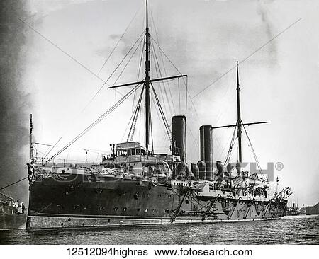 Stock Photograph - Magic lantern slide WW1, 1914-1918, World war one images. HMS Royal Arthur was a first class cruiser of the Edgar class, previously named Centaur, but renamed in 1890 prior to launching. She served on the Australia Station and briefly on the North.... Fotosearch