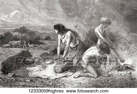Stock Photograph - Making bread during the Neolithic Age aka New Stone Age or Age of the Polished Stone. From L'Homme Primitif, published 1870.. Fotosearch