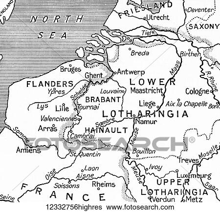 Stock Photograph - Map of Belgium, which from 843 to 869 formed part of the domains of the Duke of Lotharingia or Lorraine. From Hutchinson's History of the Nations, published 1915. Fotosearch