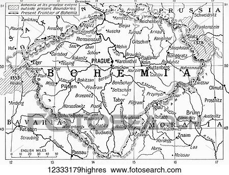 Stock Photograph - Map of Bohemia at the outbreak of WWI. The lined areas show its extent in the 14th century, the dotted line shows its frontier in 1914. From Hutchinson's History of the Nations, published 1915.. Fotosearch