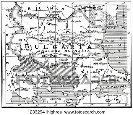 Stock Photograph - Map of Bulgaria at the outbreak of WWI. From Hutchinson's History of the Nations, published 1915.. Fotosearch