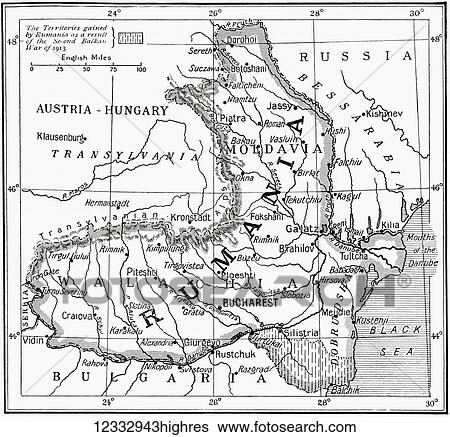 Stock Photograph - Map of Romania at the outbreak of WWI. From Hutchinson's History of the Nations, published 1915.. Fotosearch