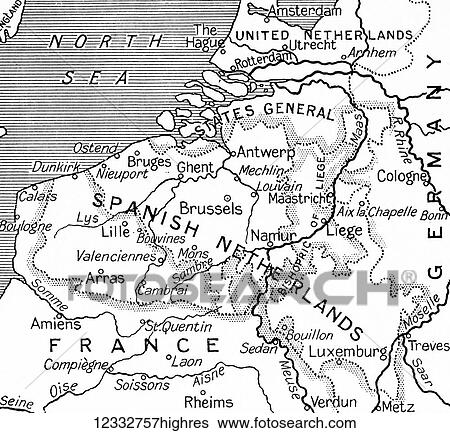 Stock Photograph - Map of the Spanish Netherlands following the peace treaty of Utrecht in 1713, the Spanish Netherlands passed to the Hapsburg claimant, the Emperor Charles VI. From Hutchinson's History of the Nations, published 1915. Fotosearch