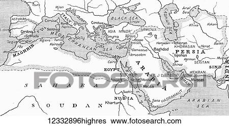 Stock Photograph - Map of the Umayyad Caliphate at its height around the turn of the 8th century. From Hutchinson's History of the Nations, published 1915. Fotosearch