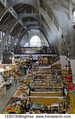 Stock Photograph - Market Hall, Interior With Reinforced Concrete Arches And Stalls; Wroclaw, Poland. Fotosearch