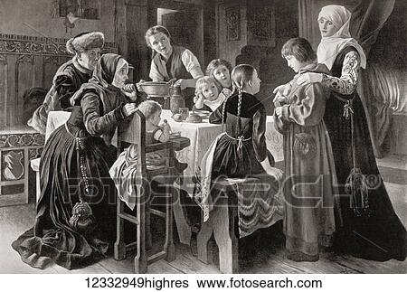 Stock Photograph - Martin Luther, seen here as a boy c. 1498, at the house of Ursula Cotta who adopted him after hearing him sing outside her house. Martin Luther, 1483 1546. German professor of theology, composer, priest, monk and a seminal figure in the Protestant.... Fotosearch