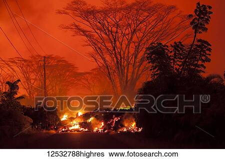Stock Photograph - May 2018 eruption, Leilani Estates subdivision, East Rift Zone Kilauea Volcano, Big Island of Hawaii; Pahoa, Island of Hawaii, Hawaii, United States of America. Fotosearch