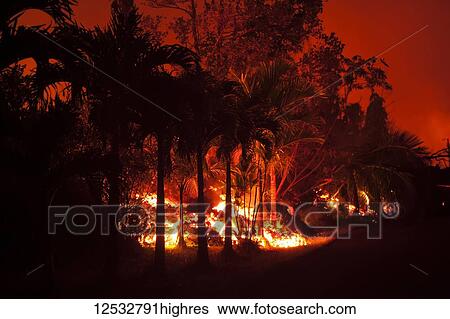 Stock Photograph - May 2018 eruption, Leilani Estates subdivision, East Rift Zone Kilauea Volcano, Big Island of Hawaii; Pahoa, Island of Hawaii, Hawaii, United States of America. Fotosearch