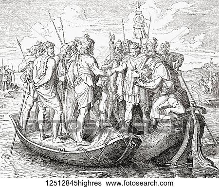 Stock Photograph - Meeting of the Roman Emperor Valens and the Visigothic King Athanaric on the Danube, 369. Valens, 328 378. Eastern Roman Emperor from 364 to 378. From Ward and Lock's Illustrated History of the World, published c. 1882.. Fotosearch