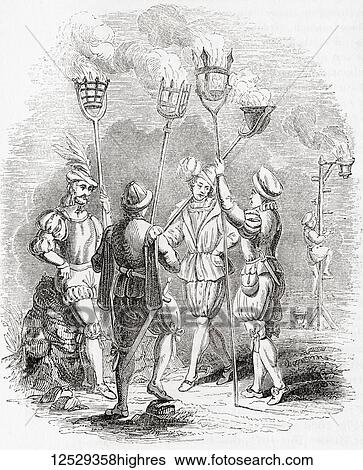 Stock Photograph - Members of the night watch holding cressets and beacons. Nightwatchmen or Watchmen were organized groups of men, employed to deter criminal activity and provide law enforcement as well performing services of public safety, fire watch, crime.... Fotosearch