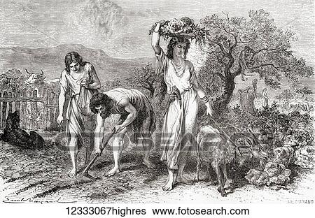 Stock Photograph - Men and women gardening during the Bronze Age. From L'Homme Primitif, published 1870.. Fotosearch