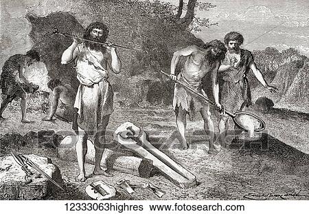 Stock Photograph - Men casting metal during the Bronze Age. From L'Homme Primitif, published 1870.. Fotosearch