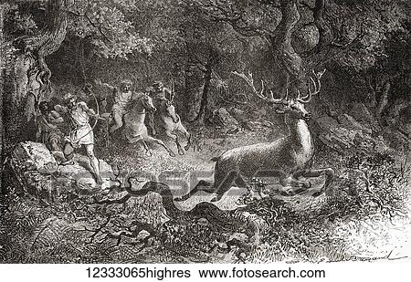 Stock Photograph - Men hunting a deer during the Bronze Age. From L'Homme Primitif, published 1870.. Fotosearch