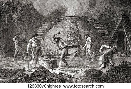 Stock Photograph - Men working at a primitive furnace used for the extraction of iron during the Iron Age. From L'Homme Primitif, published 1870.. Fotosearch