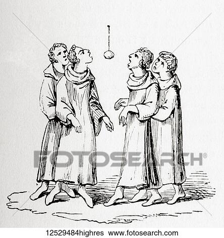 Stock Photograph - Monks in the middle ages playing Bob-Apple. The apples were hung on a string and the players had to bite them without using their arms or hands. From Old England: A Pictorial Museum, published 1847.. Fotosearch
