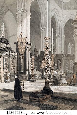 Stock Photograph - Monuments DArchitecture et de Sculpture en Belgique 1855. Lithographs by F. Stoobant. Monuments of architecture and sculpture in Belgium, Belgique. Published by C. Muquardt and printed by Simonan & Toovey. Artists and Engravers: Made by 'Francois.... Fotosearch