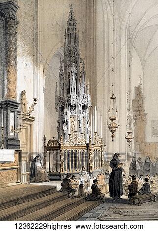 Stock Photograph - Monuments DArchitecture et de Sculpture en Belgique 1855. Lithographs by F. Stoobant. Monuments of architecture and sculpture in Belgium, Belgique. Published by C. Muquardt and printed by Simonan & Toovey. Artists and Engravers: Made by 'Francois.... Fotosearch