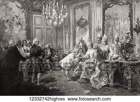 Stock Photograph - Mozart, seen here as a child, received by Madame Pompadou in 1764. Wolfgang Amadeus Mozart, 1756 1791, baptised as Johannes Chrysostomus Wolfgangus Theophilus Mozart. Prolific and influential composer of the Classical era. Jeanne Antoinette.... Fotosearch