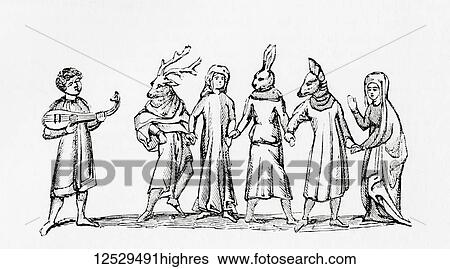 Stock Photograph - Mummers. Mummers or guisers were troupes of amateur actors, traditionally all male, who performed folk plays in the Middle Ages. From Old England: A Pictorial Museum, published 1847.. Fotosearch