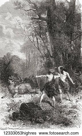 Stock Photograph - Neanderthal hunters kill a reindeer during prehistoric times. From L'Homme Primitif, published 1870.. Fotosearch