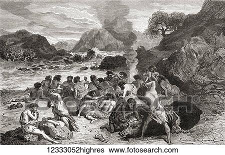 Neanderthal man feasting on their kill during prehistoric times. From L'Homme Primitif, published 1870. View Large Photo Image Stock Photograph - Neanderthal man feasting on their kill during prehistoric times. From L'Homme Primitif, published 1870.. Fotosearch