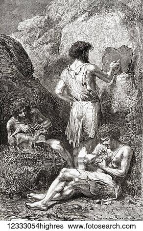 Stock Photograph - Neanderthals sculpting and drawing on the walls of their caves during prehistoric times. From L'Homme Primitif, published 1870.. Fotosearch