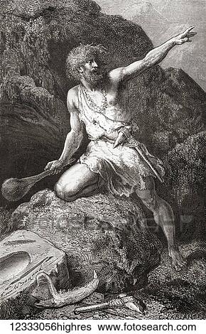 Stock Photograph - Neolithic man from the New Stone Age aka Age of the Polished Stone. From L'Homme Primitif, published 1870.. Fotosearch