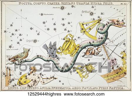 Stock Photograph - Noctua, Corvus, Crater, Sextans Urani, Hydra, Felis, Lupus, Centaurus, Antlia Pneumatica, Argo Navis, and Pyxis Nautica. Card Number 32 from Urania's Mirror, or A View of the Heavens, one of a set of 32 astronomical star chart cards engraved by Sidney.... Fotosearch