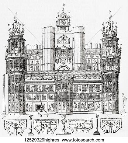Stock Photograph - Nonsuch Palace, a Tudor royal palace, built by Henry VIII in Surrey, England which stood from 1538 to 16823. From Old England: A Pictorial Museum, published 1847.. Fotosearch
