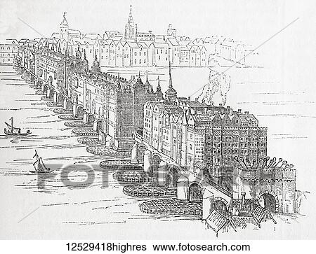 Stock Photograph - Old London Bridge, London, England c. 1616. From Old England: A Pictorial Museum, published 1847.. Fotosearch