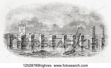 Stock Photograph - Old London Bridge, London, England in 1209. From Old England: A Pictorial Museum, published 1847.. Fotosearch