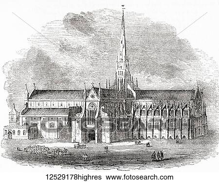 Stock Photograph - Old St Paul's Cathedral, London, England as it appeared before the destruction of the spire during the fire of 1561. From Old England: A Pictorial Museum, published 1847.. Fotosearch
