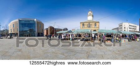 Stock Photograph - Open air market in a town square; South Shields, Tyne and Wear, England. Fotosearch