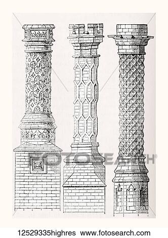 Stock Photograph - Ornamental brick chimneys, from left to right, East Barsham manor house, Hampton Court Palace, Eton College. From Old England: A Pictorial Museum, published 1847.. Fotosearch