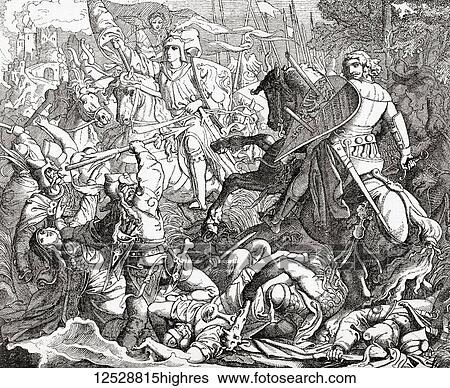 Stock Photograph - Otto I the Great at The Second Battle of Lechfeld, 10 August 955. Otto I, 912 973, aka Otto the Great. German king and Holy Roman Emperor. From Ward and Lock's Illustrated History of the World, published c. 1882.. Fotosearch