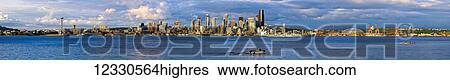 Stock Photograph - Panorama Of The Skyline Of Seattle Along The Coastline; Seattle, Washington, United States Of America. Fotosearch