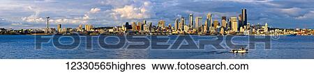 Stock Photograph - Panorama Of The Skyline Of Seattle Along The Coastline; Seattle, Washington, United States Of America. Fotosearch