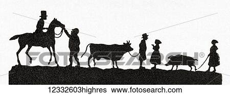 Stock Photograph - Paper silhouette depicting people taking their animals to market by Paul Ronewka, (1840 -1871). From Meyers Lexicon, published 1927.. Fotosearch
