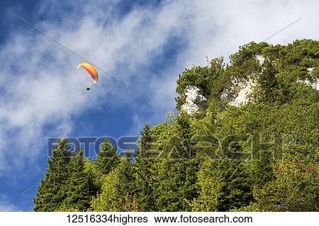 Stock Photograph - Paraglider flying over tree covered cliff with bue sky and clouds; Grainau, Bavaria, Germany. Fotosearch