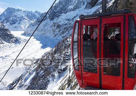 Stock Photograph - Passengers In A Red Tram Descending Into Mer De Glace, Montenvers; Chamonix, France. Fotosearch