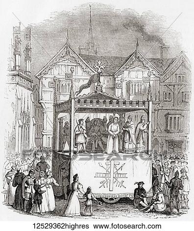 Stock Photograph - Performance of a 15th century passion play- The Trial and Crucifixion of Christ- by the Smith's Company of Coventry. The actors are stood on a pageant wagon. From Old England: A Pictorial Museum, published 1847.. Fotosearch