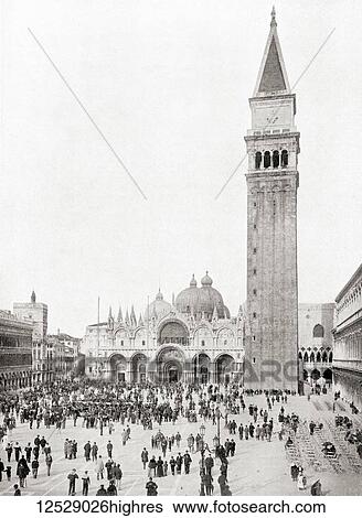 Stock Photograph - Piazza San Marco or St Mark's Square, Venice, Italy. Seen here the new Campanile of St Mark's church replacing the old one which collapsed in 1902. From The Wonders of the World, published c. 1911.. Fotosearch