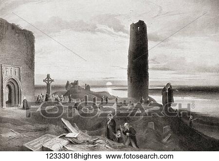 Stock Photograph - Pilgrims at the monastery of Clonmacnoise, County Offaly, Ireland on the River Shannon. From Hutchinson's History of the Nations, published 1915.. Fotosearch
