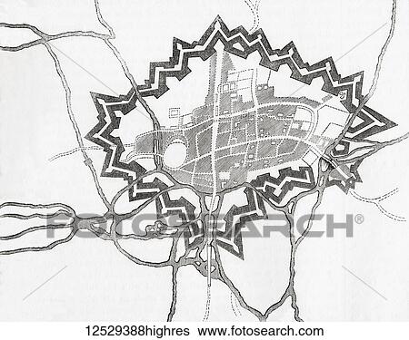 Stock Photograph - Plan of Oxford, England with the lines raised for its defence by Charles I. From Old England: A Pictorial Museum, published 1847.. Fotosearch