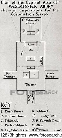 Stock Photograph - Plan of the central area of Westminster Abbey showing dispositions for the Coronation Service of George VI in 1936. From The Coronation Book of King George VI and Queen Elizabeth, published 1937.. Fotosearch