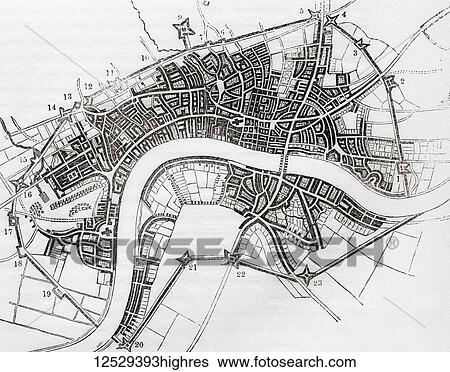 Stock Photograph - Plan of the city and suburbs of London, England as it appeared fortified by order of Parliament in 1643, built to protect the city from attacks by Charles I and his 15, 000 Royalist troops. From Old England: A Pictorial Museum, published 1847.. Fotosearch