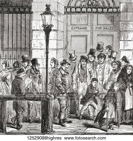 Stock Photograph - Poor people waiting at a hospital door in early 19th century London, England. From Ward and Lock's Illustrated History of the World, published c. 1882.. Fotosearch
